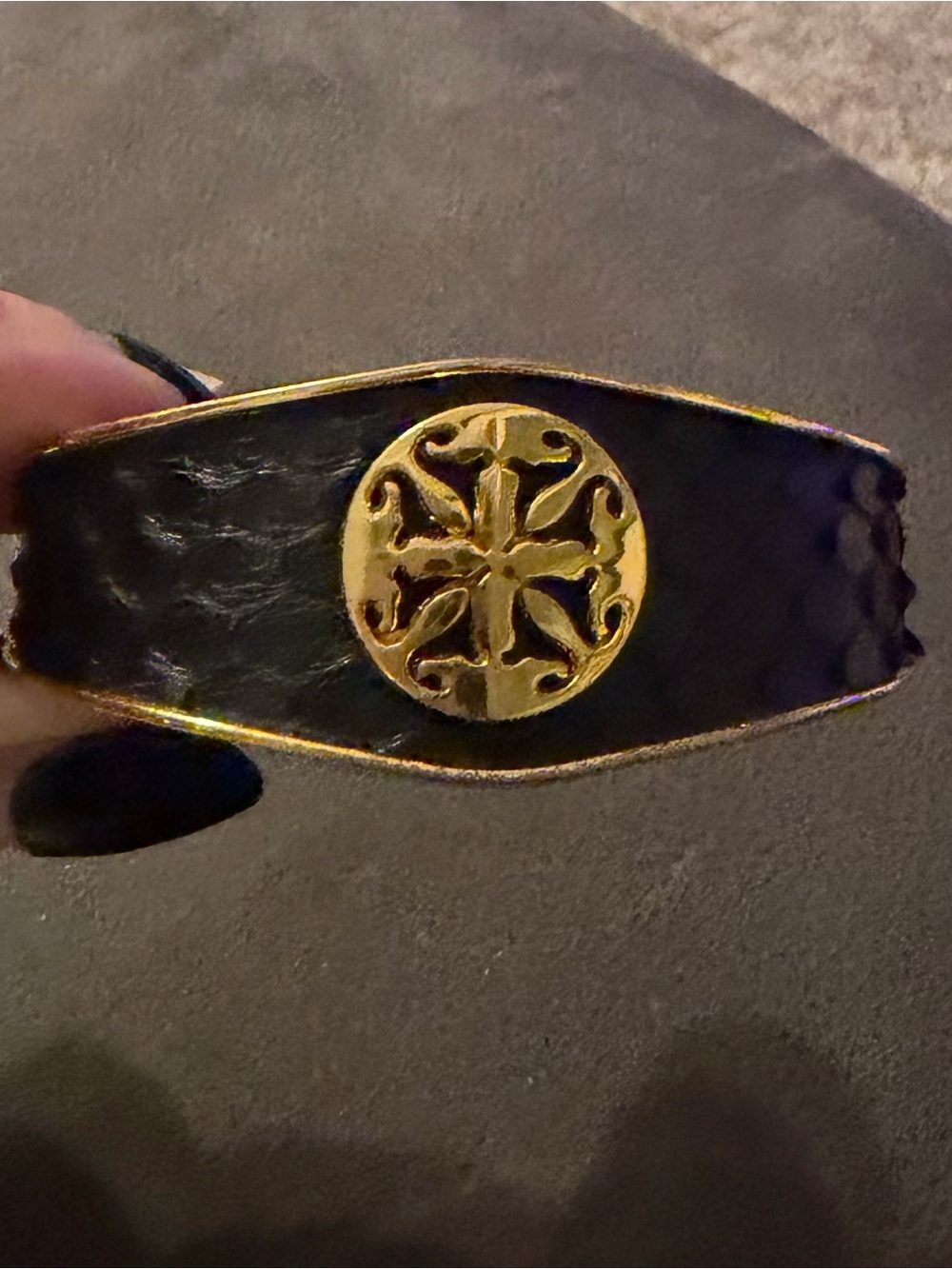 Rustic Cuff Black Bracelet with Gold Medallion Accent